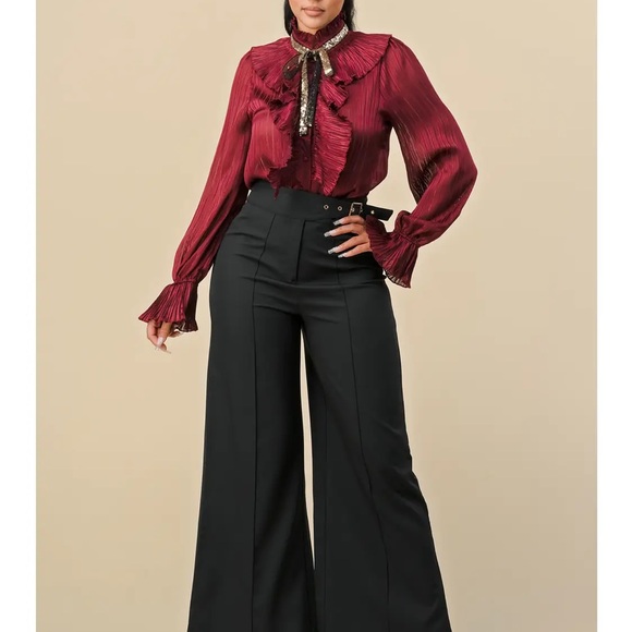 Elegant Burgundy Ruffled Sequins Bow Tie Blouse Top S-L - Picture 4 of 5